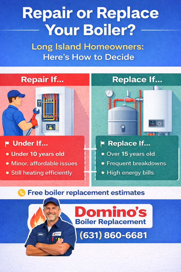 Licensed plumber inspecting a residential boiler on Long Island to determine if repair or replacement is needed